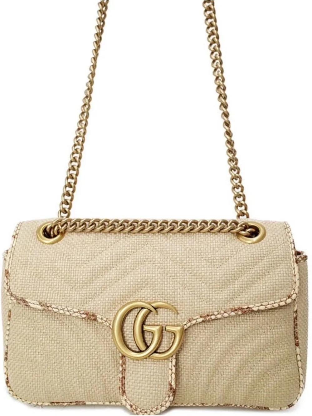 Gucci Raffia GG Marmont Shoulder mediun  Bag in Beige with Gold Hardware